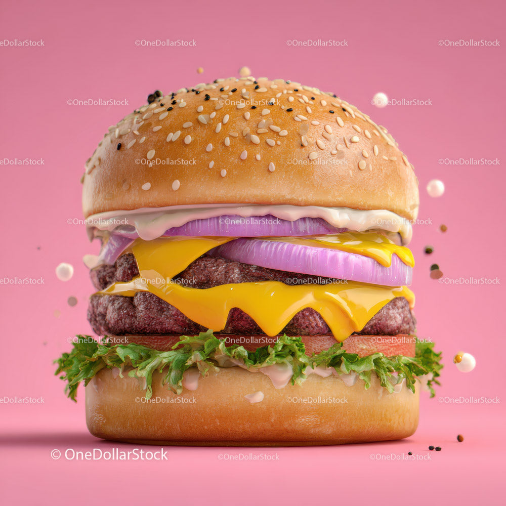 Juicy Cheeseburger with Lettuce Tomato Onion and Cheese on Sesame Bun