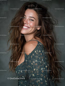 Joyful Woman with Wavy Hair in Floral Dress Smiling Portrait