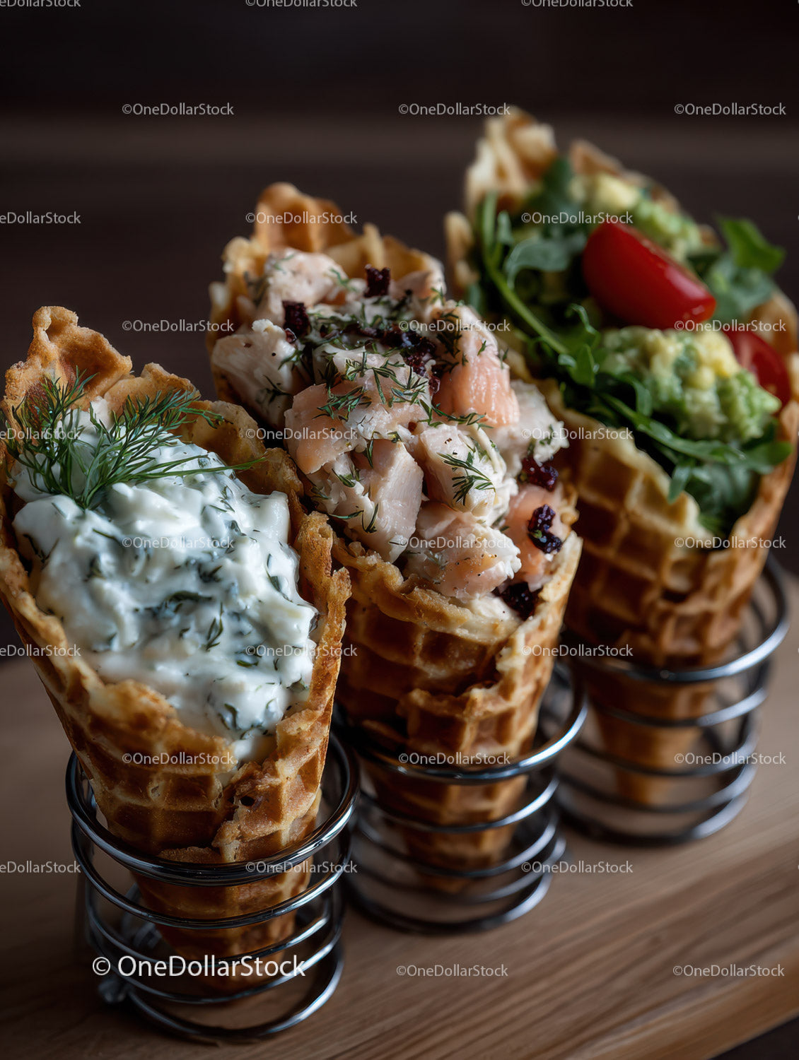 Assorted Waffle Cones with Fresh Toppings and Savory Fillings