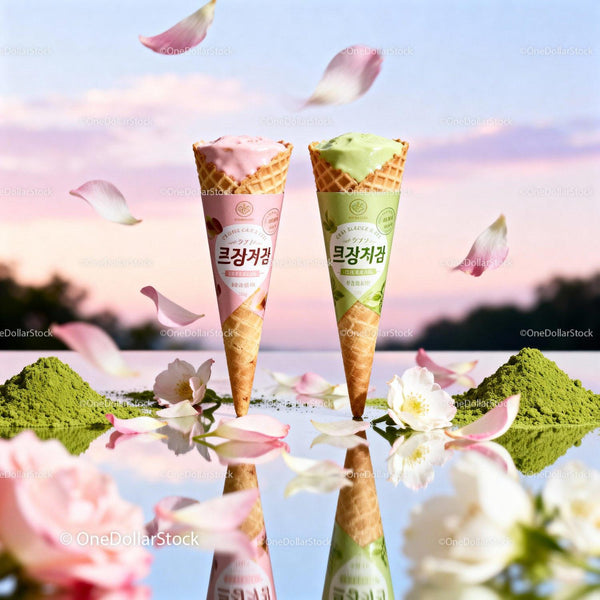 Lody truskawkowe i matcha w wafelku z kwiatowymi akcentami