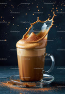 Creamy coffee with splash and cocoa powder burst