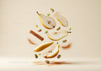Sliced pear with cinnamon and pistachios floating