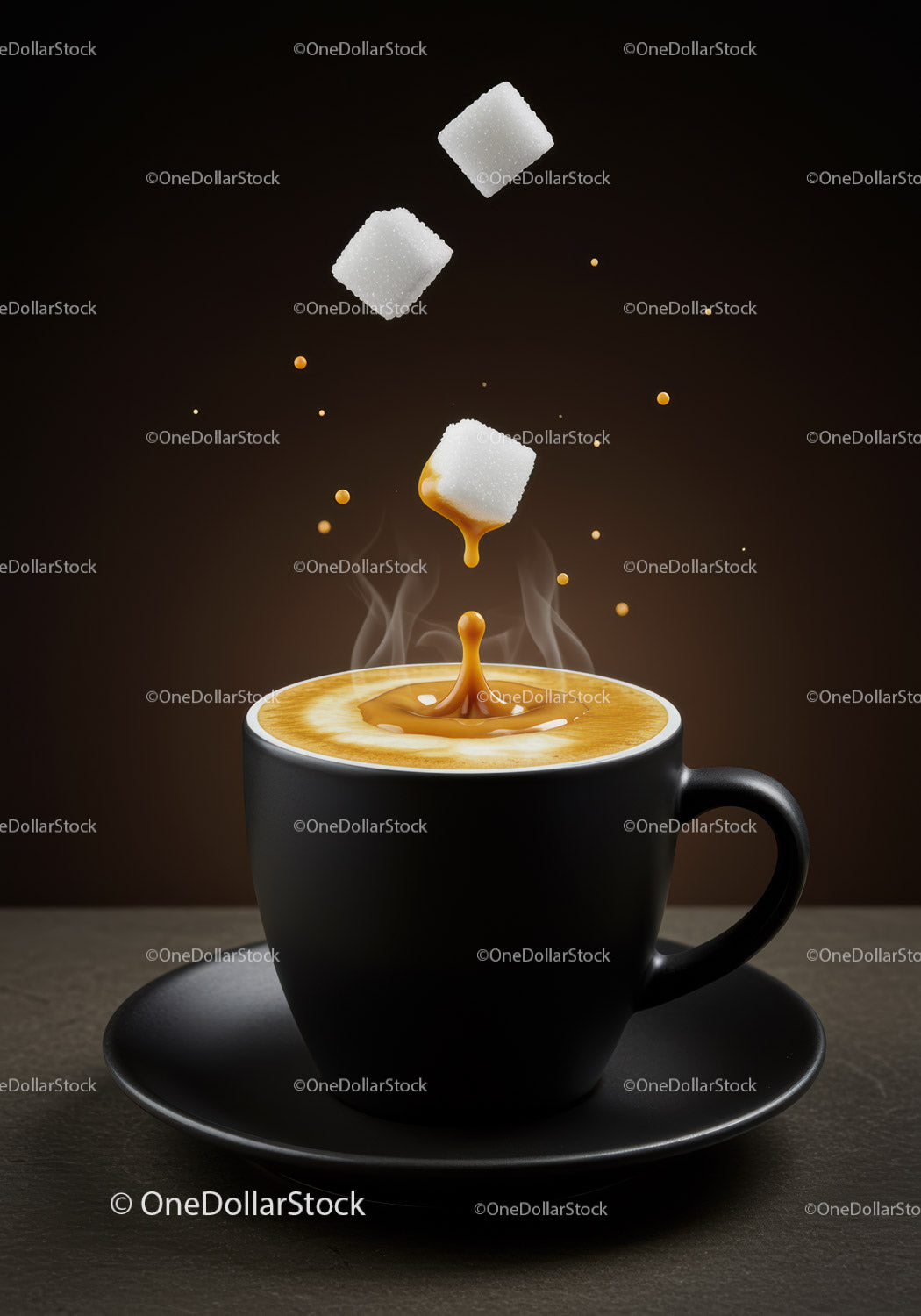 Steaming cup of coffee with sugar cubes falling