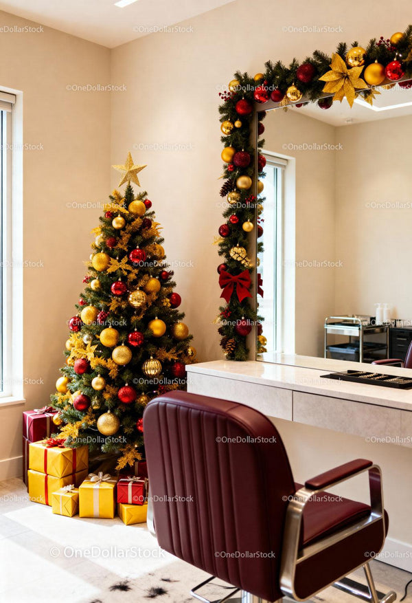 Holiday decorated salon corner with Christmas tree and gifts