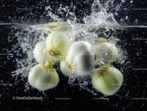 Fresh White Onions Splashing Underwater in Water Splash Scene