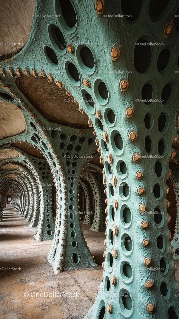 Futurystyczny tunel architektoniczny z okrągłymi otworami i betonowymi filarami