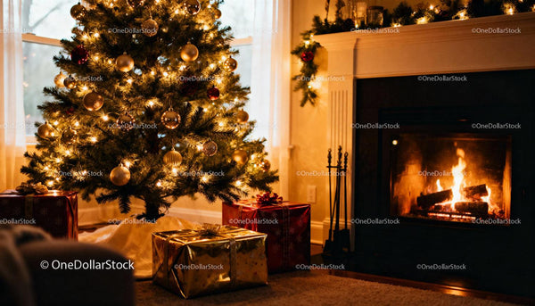 Cozy Living Room with Lit Fireplace and Decorated Tree