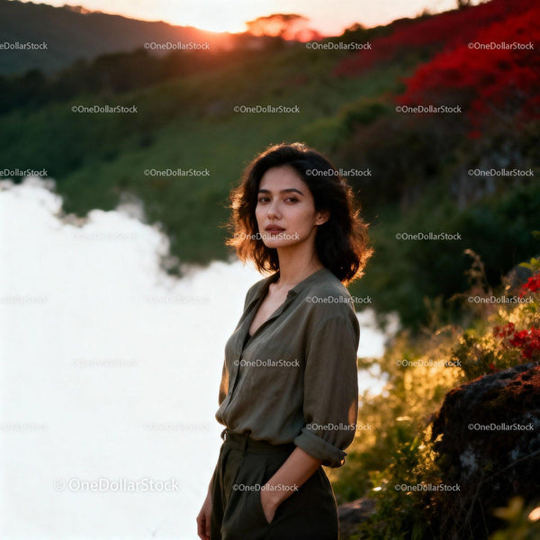 Contemplative young woman standing in serene sunset nature