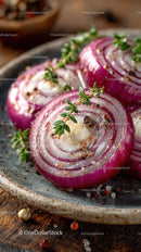 Fresh Sliced Red Onion with Herbs on Rustic Ceramic Plate
