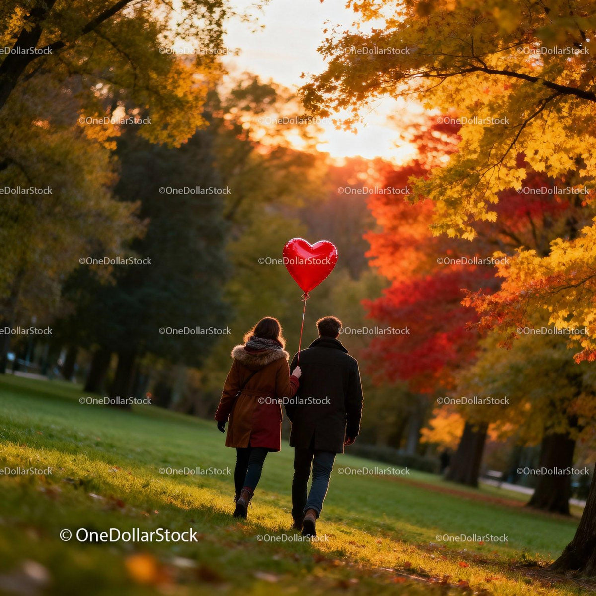 Couple Walking with Heart Balloon in Autumn Park