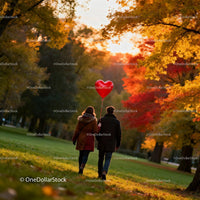 Couple Walking with Heart Balloon in Autumn Park