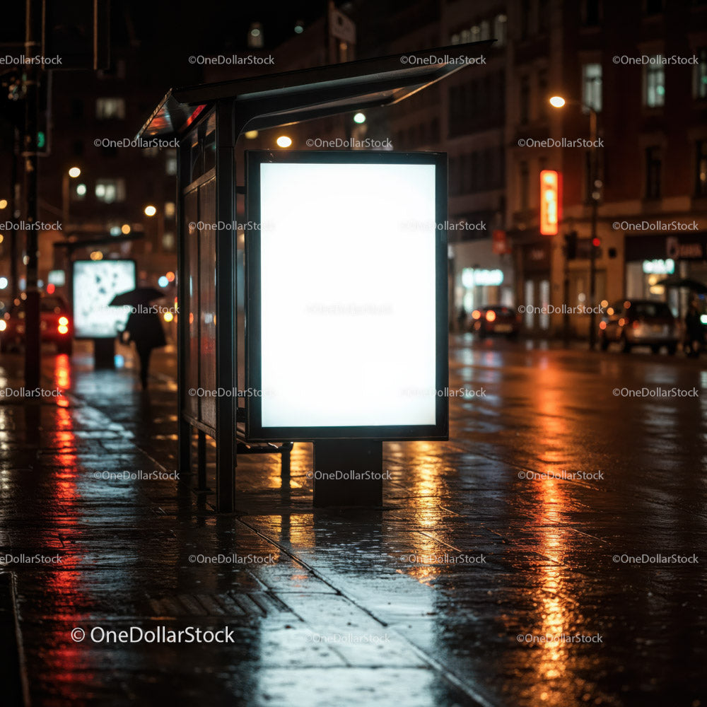 Night City Street with Illuminated Bus Stop and Neon Signs