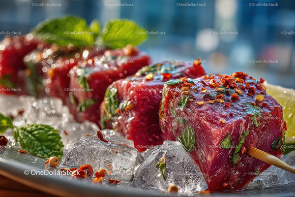 Juicy Grilled Beef Skewers with Herbs and Spices on Ice