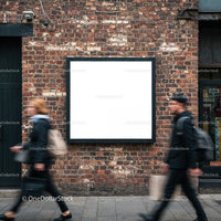 Blank billboard on urban brick wall with pedestrians