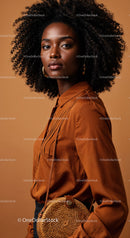 Elegant African American Woman with Curly Hair in Brown Blouse and Woven Bag