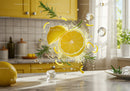 Fresh lemon slices with rosemary and ice cubes in kitchen