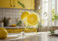 Fresh lemon slices with rosemary and ice cubes in kitchen