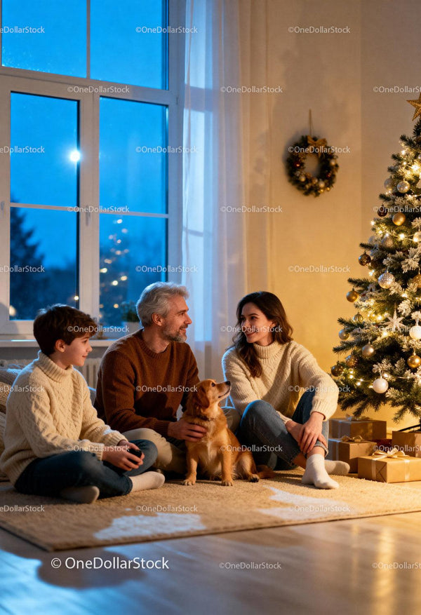 Family enjoying Christmas evening with dog by tree