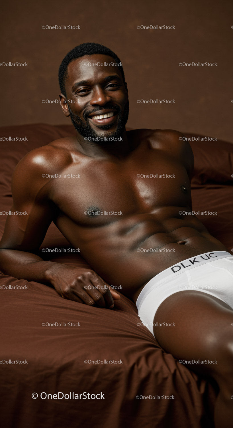 Smiling muscular man relaxing on brown bed sheets
