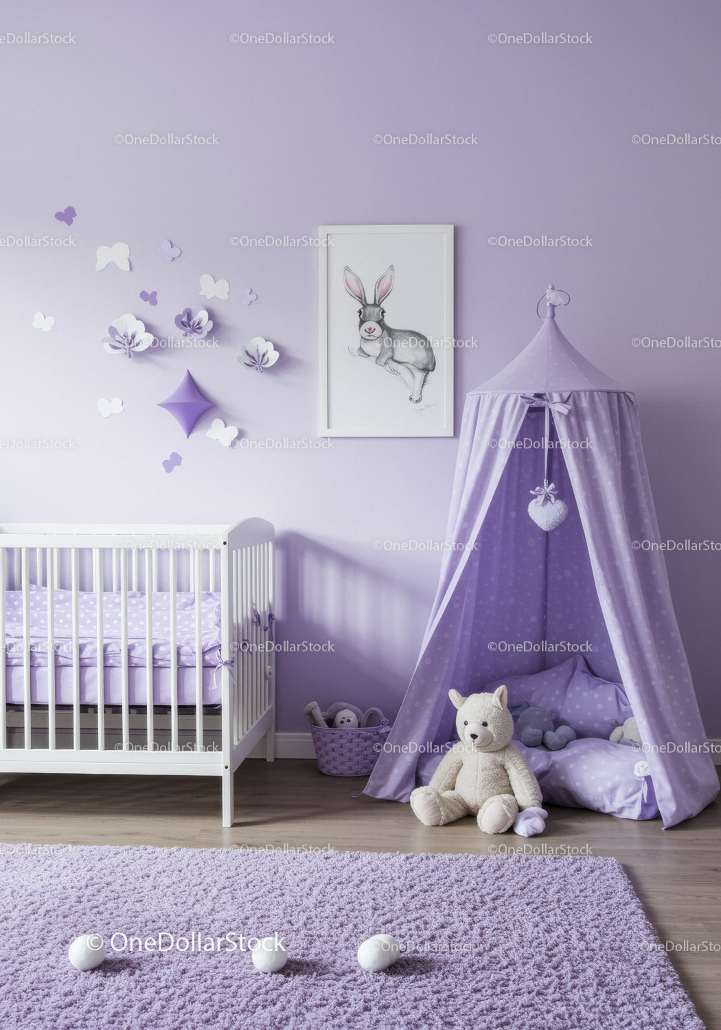 Cozy Lavender Nursery with Canopy Tent and Plush Teddy Bear