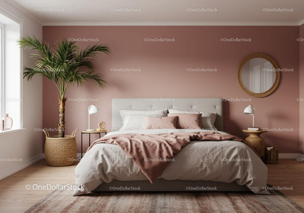 Elegant Bedroom with Pink Walls and Cozy Bedding