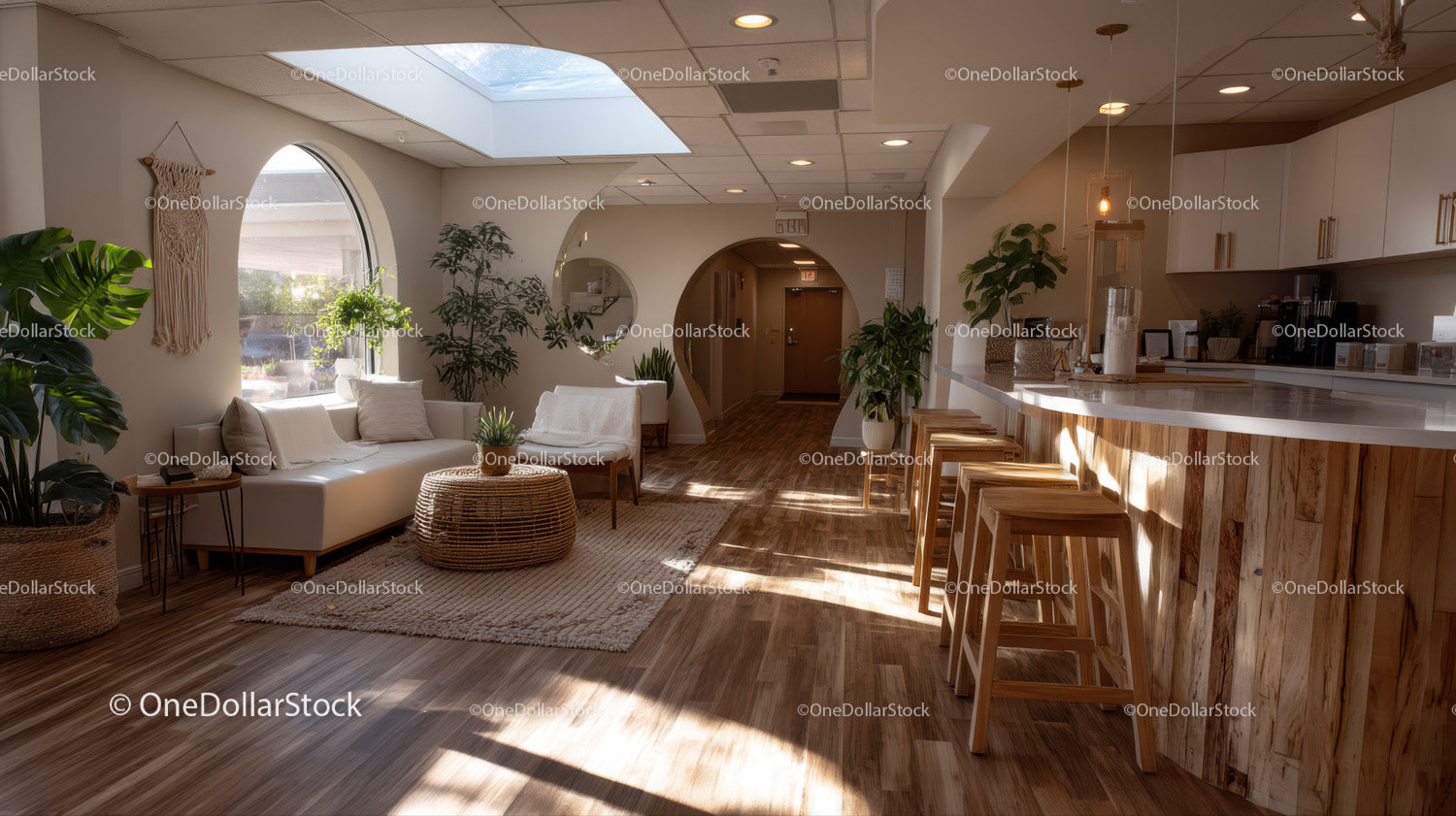 Jasny, nowoczesny salon z roślinami doniczkowymi i drewnianymi detalami