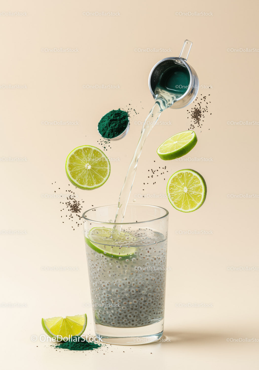 Refreshing chia seed drink with lime and spirulina powder