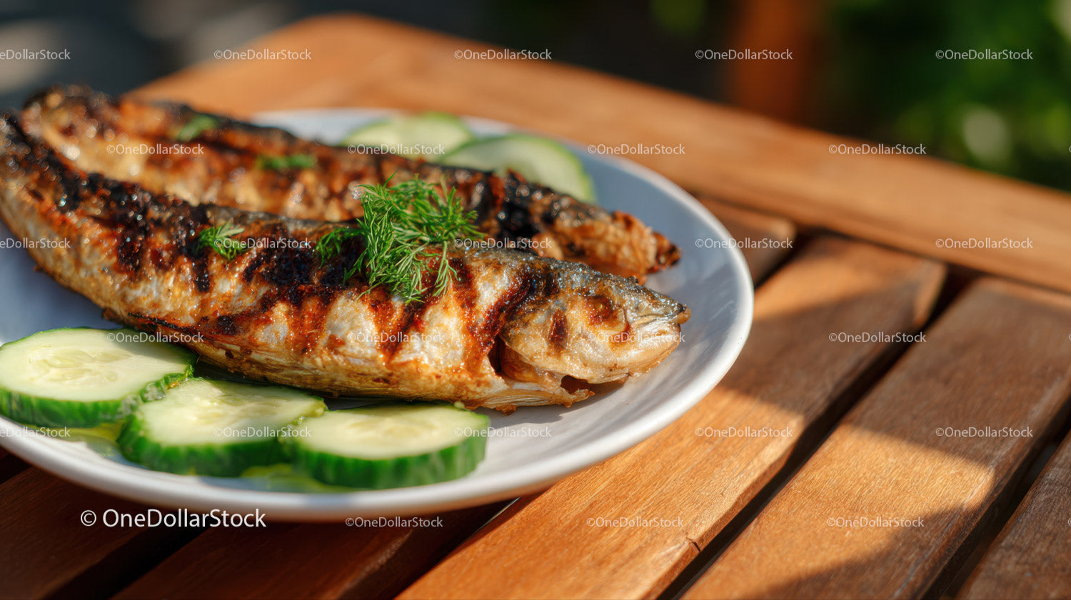 Grilled Fish with Cucumber Slices and Herb Garnish