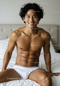 Smiling young man sitting on bed in white briefs