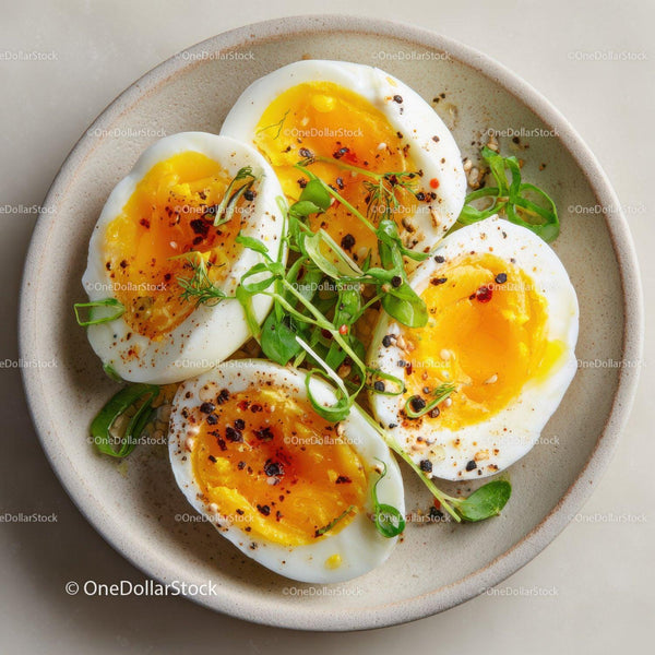 Fresh Soft Boiled Eggs with Greens and Spicy Seasoning in a Ceramic Bowl