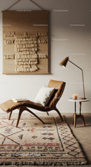 Cozy mid century lounge chair with textured wall art