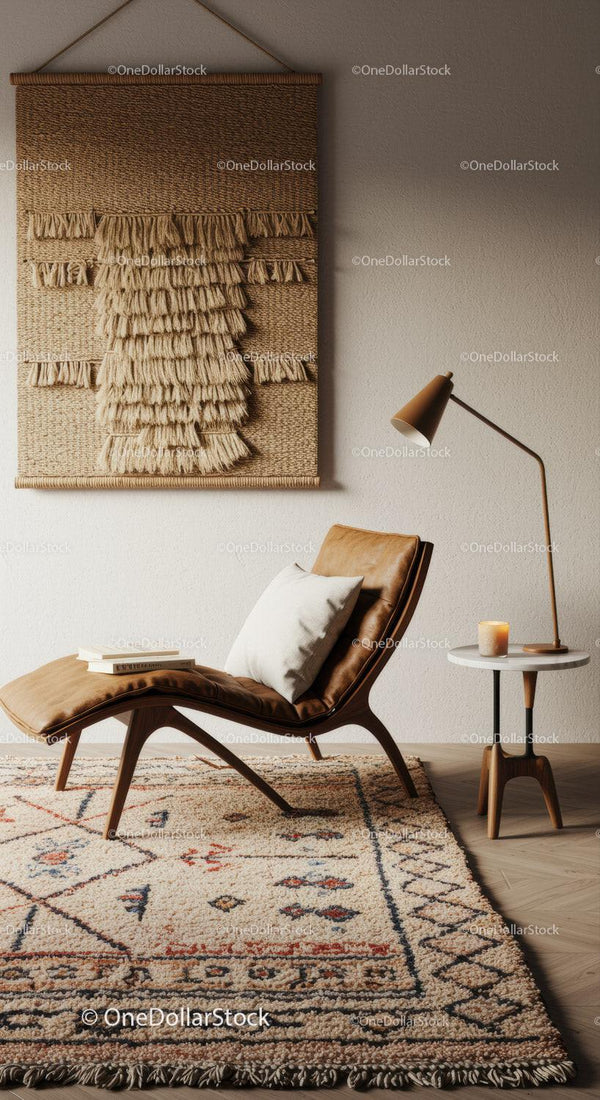Przytulny fotel z połowy wieku w stylu mid-century z teksturowaną sztuką ścienną