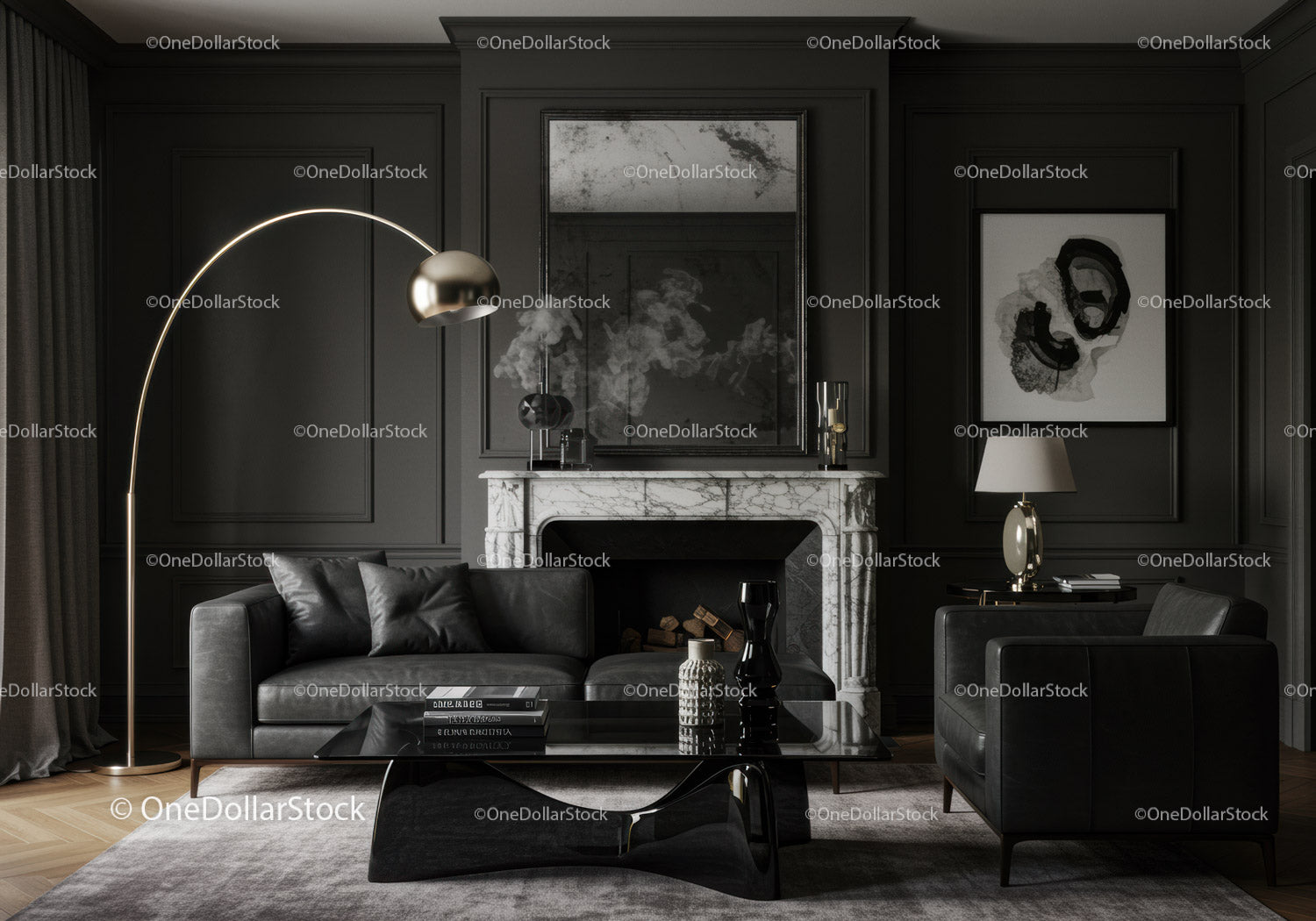 Elegantly Styled Dark Living Room with Marble Fireplace