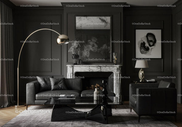 Elegantly Styled Dark Living Room with Marble Fireplace