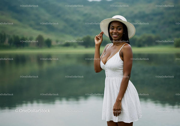 Beautiful Woman in White Dress with Wide-Brim Hat by Lake Stock Photo Bundle (12 JPG Files)