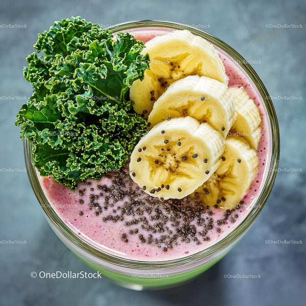 Fresh Banana and Kale Smoothie with Chia Seeds in a Glass