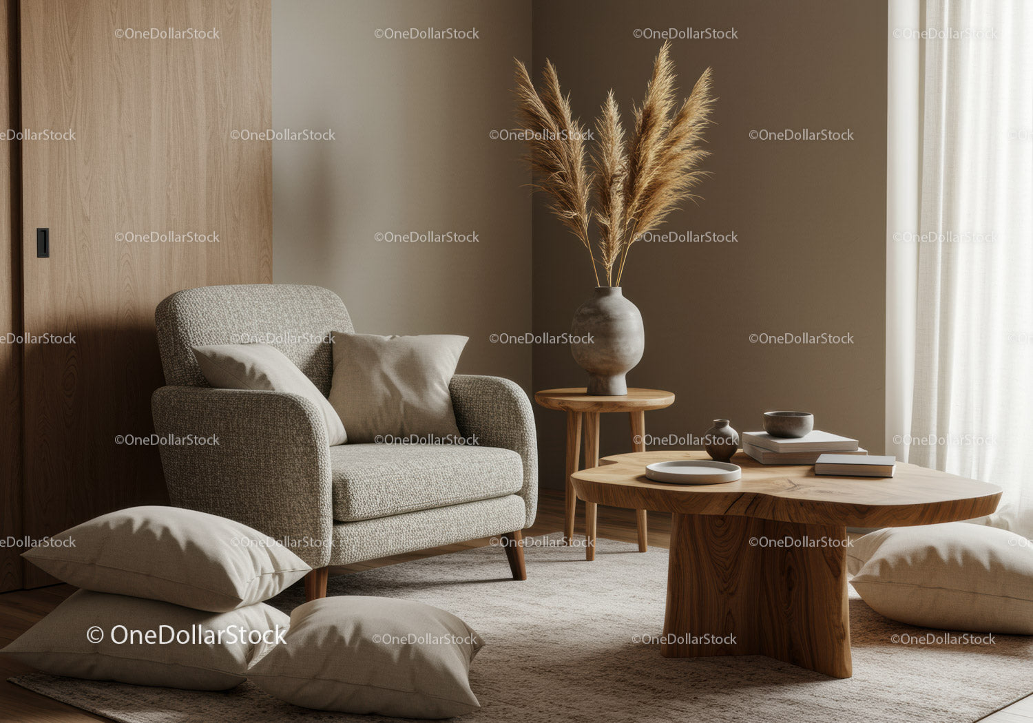 Przytulny, minimalistyczny salon z naturalnymi akcentami dekoracyjnymi