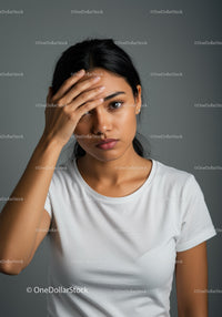 Portrait of a Concerned Young Woman Touching Her Forehead