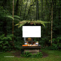 Rustic Market Stall Surrounded by Lush Green Forest
