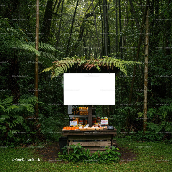 Rustic Market Stall Surrounded by Lush Green Forest JPG Mockup Image
