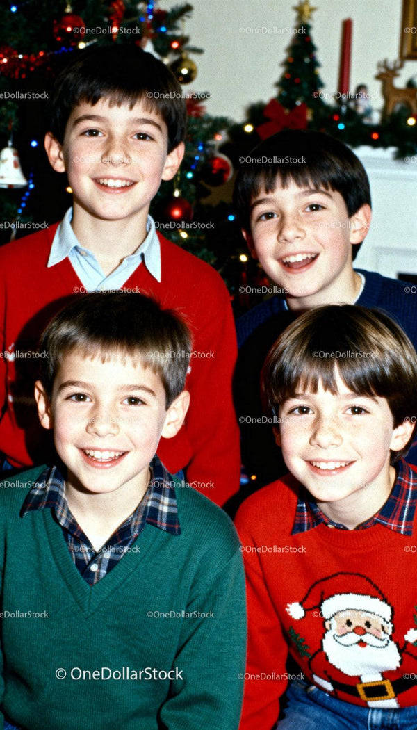 Four Boys Smiling Together by Festive Christmas Tree