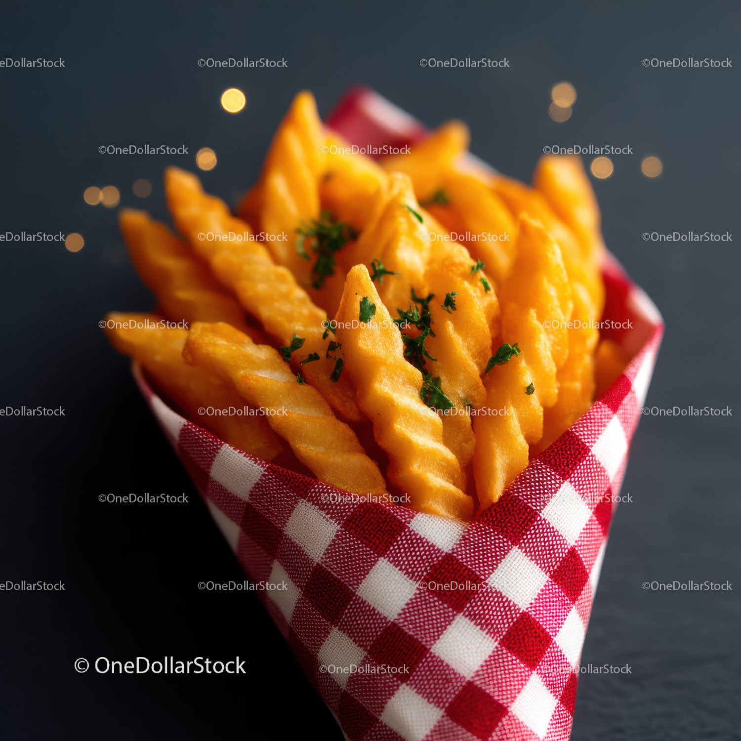 Golden Crinkle Cut Waffle Fries in Checkered Paper Cone