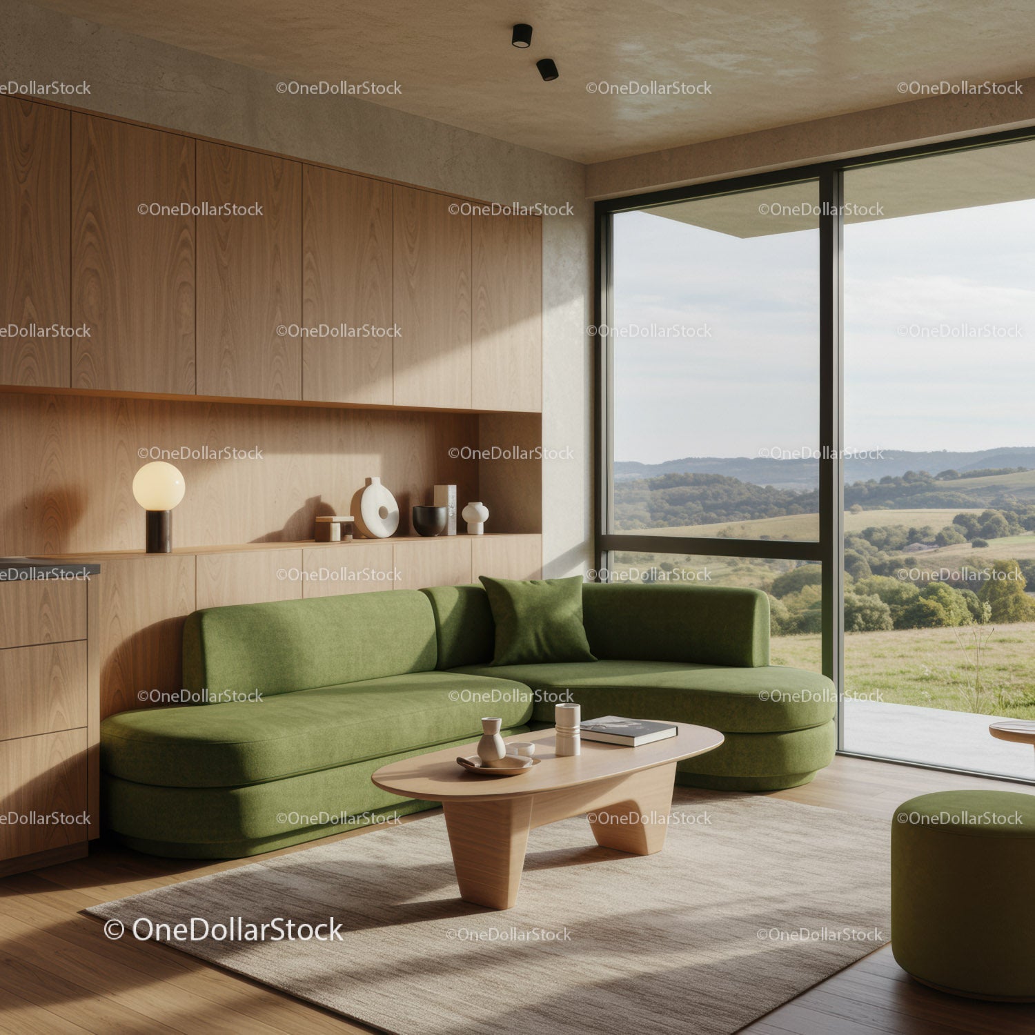 Modern living room with green sofa and scenic view