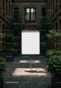 Blank white board in urban courtyard with plants