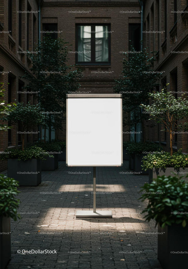 Blank white board in urban courtyard with plants JPG Mockup Image