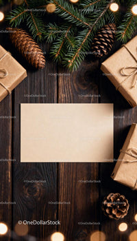 Rustic Christmas Gifts and Pine Cones with Blank Card JPG Mockup Image preview