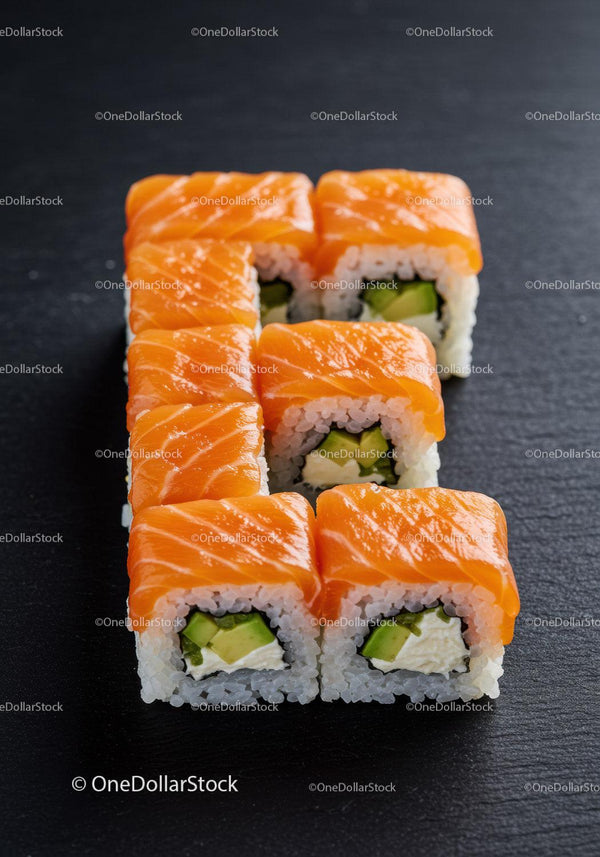 Świeże rolki sushi z łososiem, awokado i serkiem śmietankowym