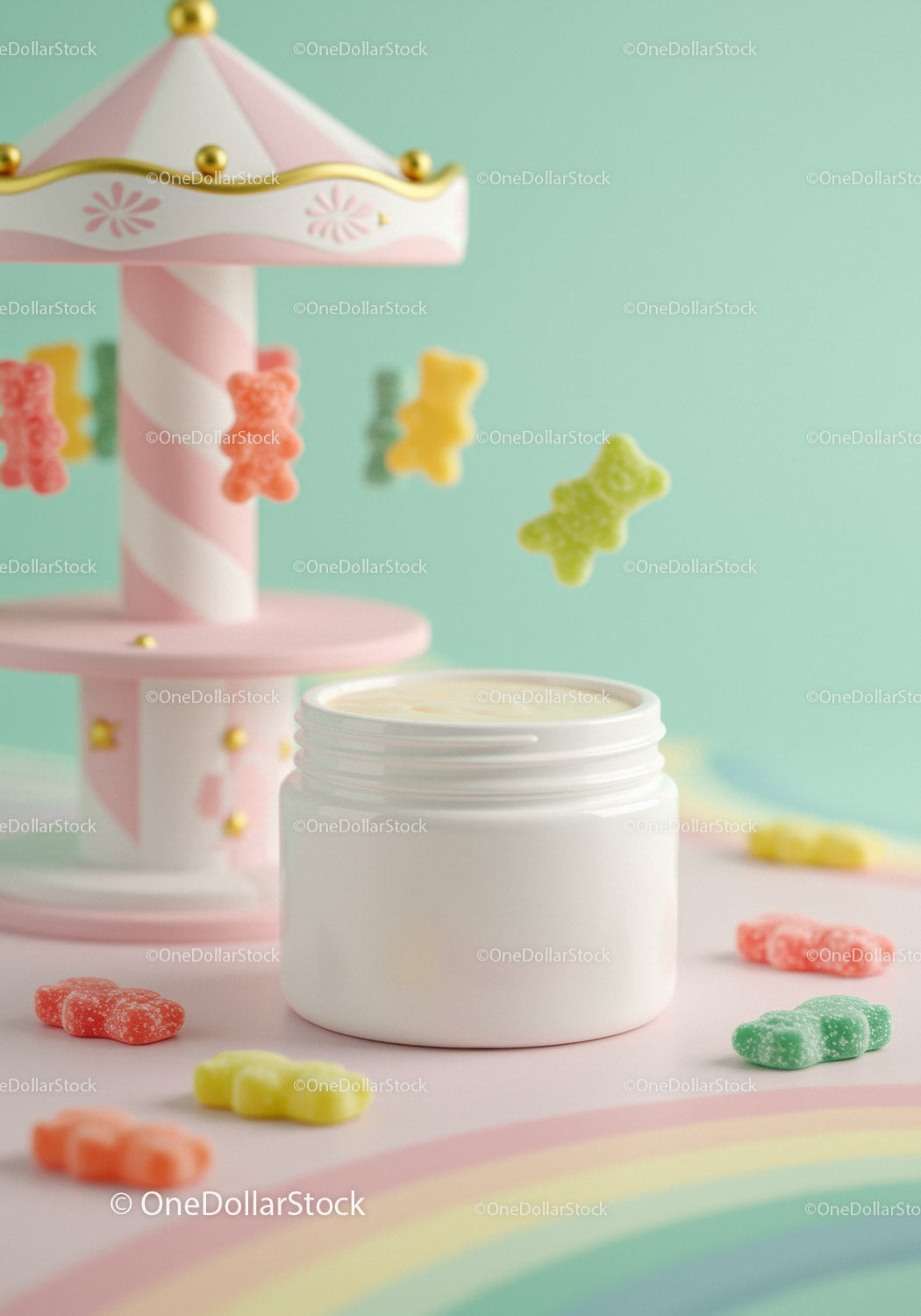 Cream jar surrounded by colorful gummy bears on pastel table