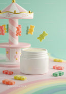 Cream jar surrounded by colorful gummy bears on pastel table