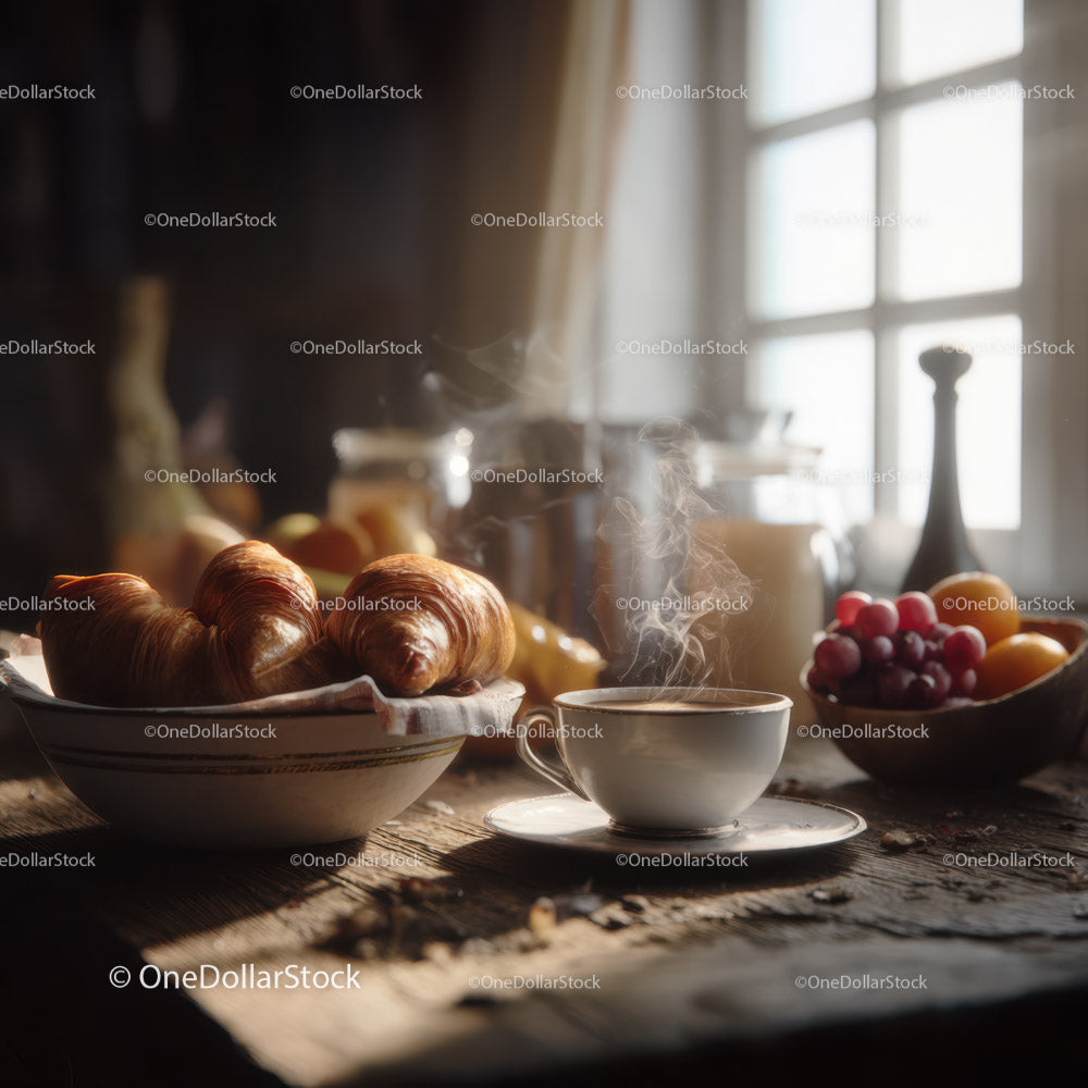 Świeże croissanty i miska z owocami na rustykalnym porannym stole z kawą